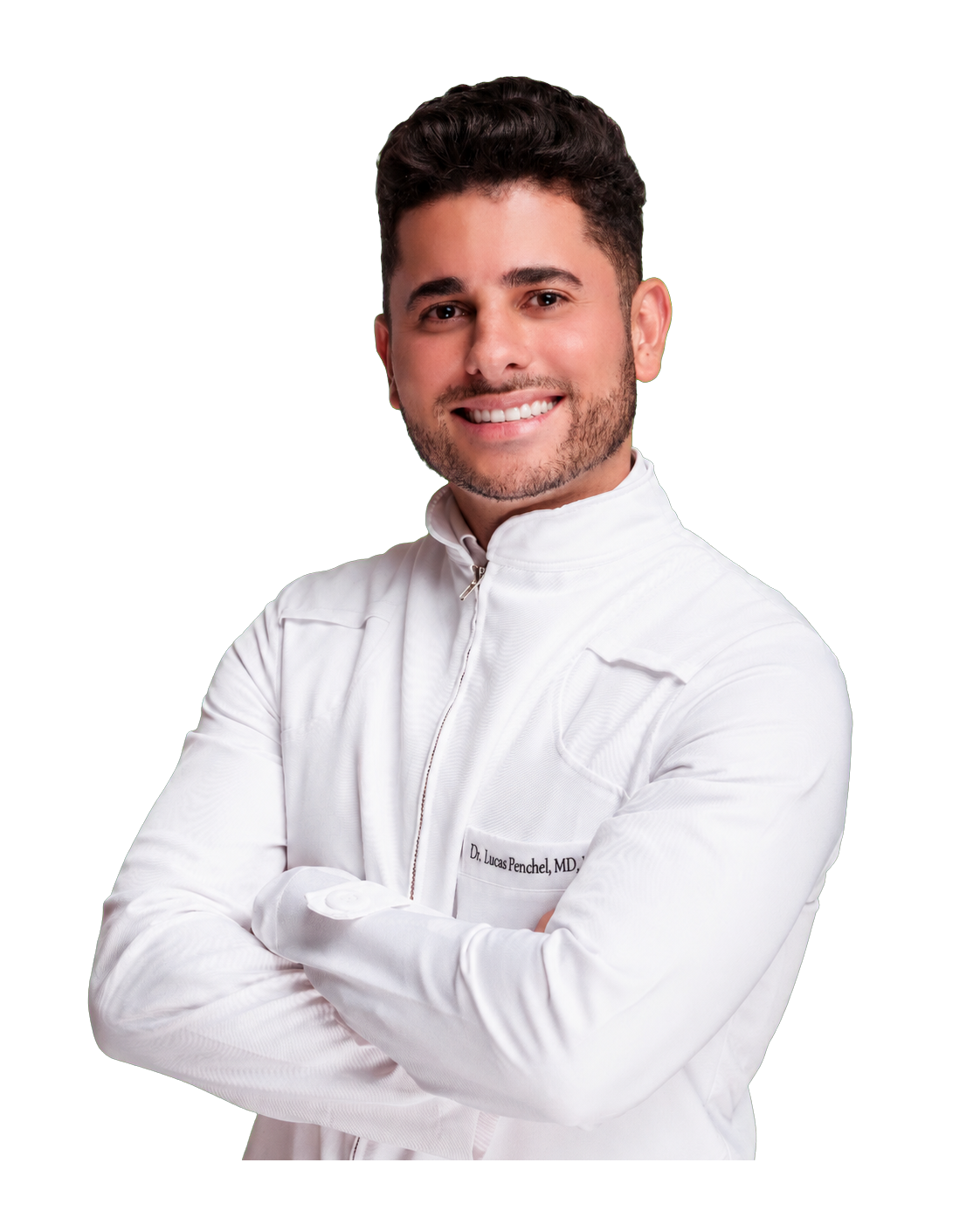Dr. Lucas Penchel de jaleco branco e braços cruzados